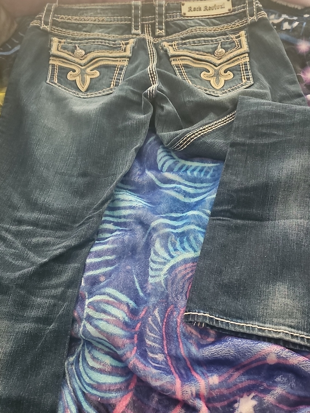Rock Revival Dark Blue Bootcut Jeans with Cream Embroidered Pockets
